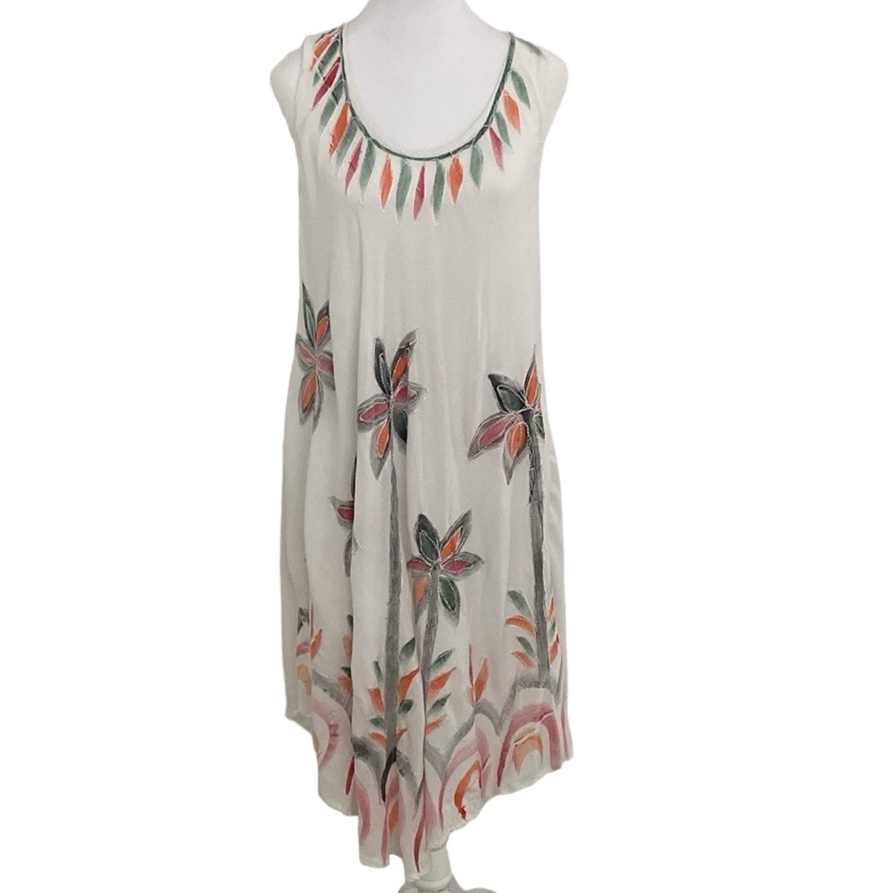 S.R. Fashion Rayon White Floral Painted Embroidered Free Size Dress